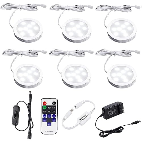 AIBOO LED Under Cabinet Lighting Dimmable with RF Remote Control, 6 LED Puck Lights, Total of 12W, for Kitchen Count Closet Wardrobe Lighting(Daylight White)