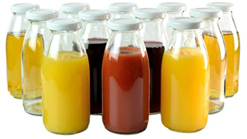 gouveo 12er Set Glasflasche 250 ml (0,25 l) Saftflasche 250 ml rund mit TO 43 Schraubdeckel weiß, runde klare Flaschen zum Abfüllen & Aufbewahren von Saft, Sirup, Öl, Essig (SF250W)