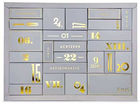 Design Adventskalender zum selbst Befüllen, fertig zusammengebaut (leer, 51cm Breit, Goldprägung), mit 24 hochwertigen Schachteln