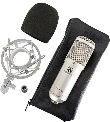 Pronomic CM-100S Studio Großmembranmikrofon XLR-Kondensatormikrofon (mit Mikrofonspinne, Etui, Windschutz, Reduziergewinde) silber