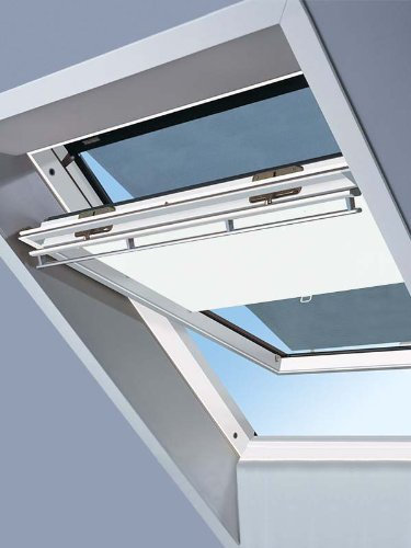 Original VELUX Vorteils-Set ( Verdunkelungs-Rollo + Hitzeschutz-Markise ) DOP C04 1025S Für // GGL, GTL, GPL, GHL, GGU, GTU, GPU, GHU C04 // in Stofffarbe 1025 / Uni Weiß - Markise in Schwarz // Seitenschienen in Silber _15051