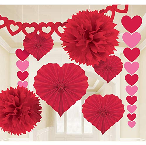 Amscan 240184 - 9-teiliges Deko-Set Valentinstag, Girlande, 3 Girlanden, 2 Papierblumen, 4 Herzfächer, Hochzeit, Rot
