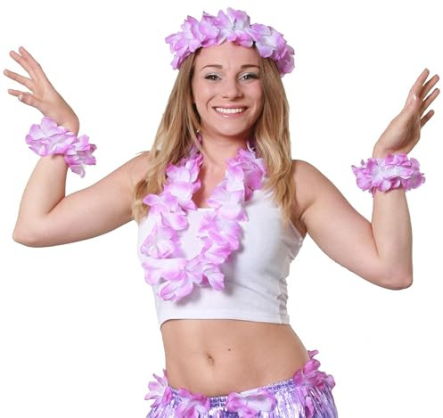 4-teiliges Hawaii-Lei-Set in 8 Farben Kostümzubehör Blumengirlande 1 x Blume 45,7 cm Halskette + 1 x Blumen-Stirnband + 2 x Hosenträger (lila - 1 Stück)