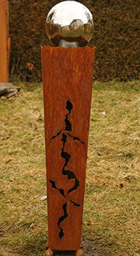 Gartendekoshop24 – Rostsäule 100 cm, Gartendeko konische Säule, mit Edelstahlkugel, wetterfest. Handgemachte Gartensäule, Rostsäule aus Edelrost, mit Muster und Kugel, für den Garten.