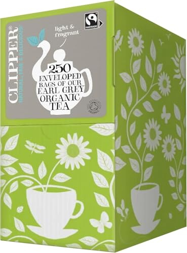 Clipper Organic Earl Grey Tea Bags, Natural, Unbleached, Plant-Based Biodegradable, 250 Teabags, Bergamot | Organic Fairtrade Earl Grey Black Tea, Natural, Unbleached & Biodegradable Sustainable Envelop String & Tag Teabags
