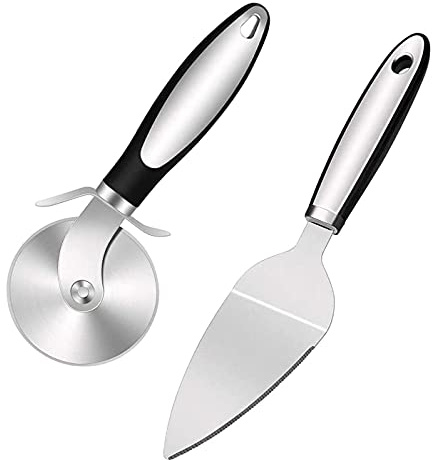 Rotella Tagliapizza e Paletta Set, Rotella Tagliapizza Acciaio Inox Professionale Pizza Cutter Lavabile in Lavastoviglie Pala Pizza con Manico per Torte e Pie Waffle Pane (Set da 2 Pezzi)
