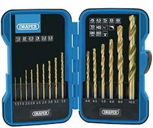 Draper HSS 15 Piece Titanium Nitride Coated Drill Set | 1.5 to 10mm Masonry Kit |10/13mm Chuck | 135° Split Point | Multifunctional Drill Bits | Foldable Storage Case | 18549