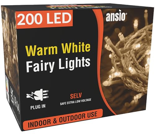 ANSIO Christmas Lights 200 LED 20m, Warm White, Mains Powered Clear Cable | Fairy String Lights for Indoor & Outdoor, Christmas Tree Lights for Garden, Bedroom, Party & Xmas Decorations, 20m/65ft