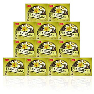 Hem Firangipani Pack of 12 Incense Cones Boxes, 10 Cones Each, Traditionally Handrolled in India, Best Natural Fragrance Perfect for Prayers, Meditation Yoga, Relaxation, Peace Healing, Room Freshener