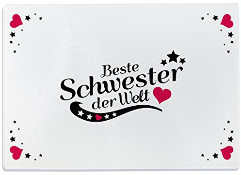 WANDKINGS Glasschneidebrett mit Schriftzug „Beste Schwester der Welt“ - Glasschneideplatte, Schneidebrett aus Glas, Frühstücksbrettchen