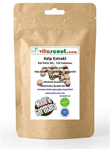 Kelp Extrakt 600mg – 720 Tabletten – Liefert bis zu 900mcg Jod pro Tablette – Hochdosiert – Ohne Magnesiumstearat