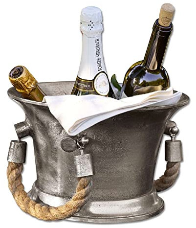 LOBERON Sektkühler Maxwell, Weinkühler mit Antik-Finish, seitliche Griffe aus grobem Seil, maritimes Design, Flaschenkühler, Tischaccessoire, Aluminium, Jute, silber