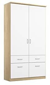 Rauch Möbel Bremen, Kleiderschrank, Farbe Weiß/Eiche Sonoma, Breite 91 cm | Schrank, Mehrzweckschrank, 2-türig, 4 Schubladen, für Schlafzimmer, Kinderzimmer, Homeoffice, Gästezimmer, Garderobe, Flur