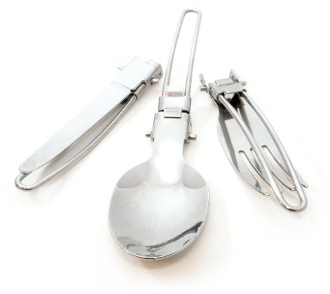 Ganzoo Campingbesteck Klappbesteck/Bundeswehrbesteck, rostfreier Edelstahl, Silber, 3-teilig Messer Gabel Löffel, faltbar und kompakt 95 mm, 160 mm offen, Gesamtgewicht 75 g, Neopren-Beutel