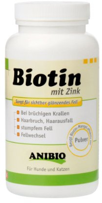Anibio Biotin mit Zink 260g | Pulver für glänzendes Fell | bei Juckreiz | bei Haarbruch, Haarausfall oder stumpfen Fell | bei brüchigen Krallen | für Optimale Pigmentierung | für Hunde & Katzen |