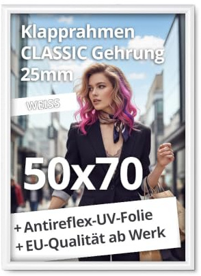 net-xpress® 50x70 Klapprahmen 50 x 70 cm Plakatrahmen 25 mm weiß | mit Antireflex-UV-Folie | Posterrrahmen aus Alu mit Gehrungsecken | inkl. Schrauben & Dübel | Wechselrahmen 50x70 Klapprahmen weiß