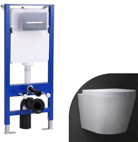 Bathroom Round Rimless Wall Hung Toilet with 1.14M Concealed Cistern Frame Set & Rectangular Sliver Dual Flush Plate