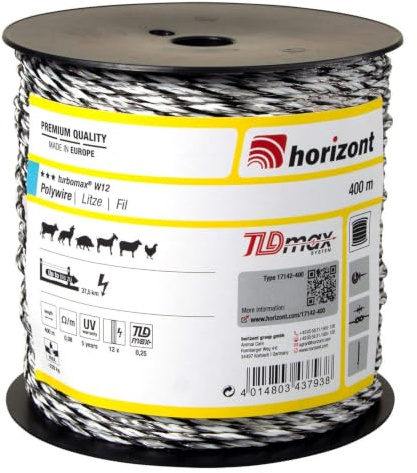 horizont Weidezaunlitze turbomax® W12, 400 m lang, weiß, 12x 0,25 mm TBmax-Leiter, 200 kg Bruchlast, für lange bis sehr lange Zäune mit starkem Bewuchs, Weidezaunband, Breitband Litze, Elektrozaun