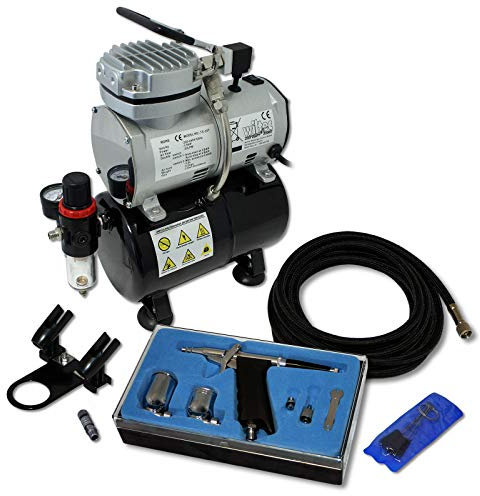 Wiltec Einsteiger Airbrush Kompressor Set AS189 mit 1 Airbrushpistole Typ 116 und umfangreichem Zubehör, 3 l Drucktank, für Modellbau, Tattoos, Nailart