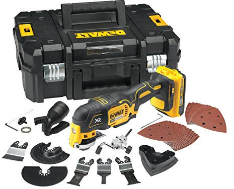 DEWALT Multi-Tool/ Multifunktionswerkzeug (18 Volt, 2,0 Ah Akku, bürstenlos, LED-Arbeitslampe, Airlock-System, inkl. 35-teiliges Zubehör-Set, 2 Akkus, Schnell-Ladegerät und TSTAK Box II) DCS355D2