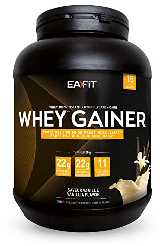 EAFIT WHEY GAINER, Pour la prise de masse musculaire et l'apport calorique, 22g de proteines de Whey + 22g de glucides + 11 vitamines par shaker, Vanille 750g