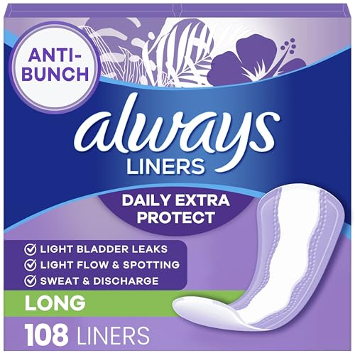 Always Panty Liners for Women Anti-Bunch Xtra Protection Daily Liners, Long, Unscented, 108 Count
