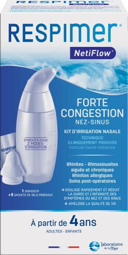 RESPIMER NetiFlow - Kit Irrigation Nasale Forte Congestion - Lavage Nez - Rhinites & Rhinosinusites - 1 Dispositif Breveté + 6 Sachets de Sels Minéraux - Dès 4 Ans - Fabriqué en France.