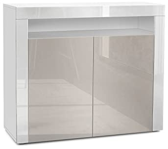 Vladon Kommode Valencia, Made in Germany, Sideboard mit 2 Türen und 1 offenem Fach, Weiß matt/Sandgrau Hochglanz/Weiß Hochglanz (108 x 92 x 40 cm)
