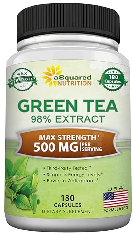 aSquared Nutrition Green Tea Extract with EGCG – 180 Capsules – 500mg per Capsule – 75% Polyphenols, 45% EGCG – Antioxidant Support, Heart Health, Natural Detox – Low Caffeine Supplement