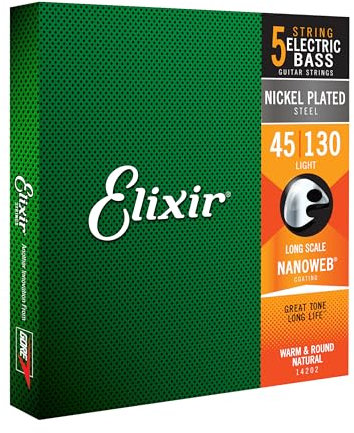 Elixir 14202 Saiten Nickel-Wound 5-str. E-Basssaiten mit NANOWEB Beschichtung, Long Scale, Light (.045-.130)