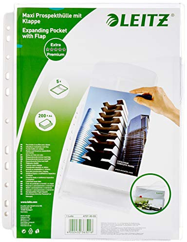 Leitz Maxi Prospekthüllen-Set mit Klappen, 5 Stück, A4 Format, Ausdehnbar, Kapazität für 200 Blatt, 0,17 mm PVC-Hartfolie, 47573003
