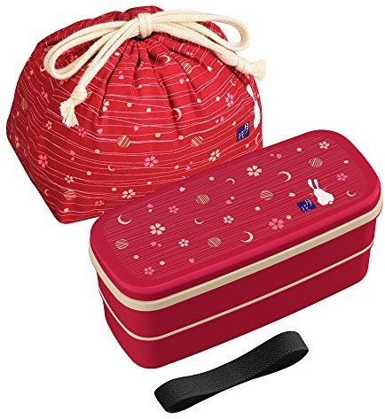 Osk - Tradizionale bento box giapponese con conigli e lune, PW-28C, versione rinnovata, adatta al microonde, lavabile in lavastoviglie, con bacchette, borsa Bento, colore rosso