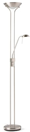 Els Banys - Lámpara de Pie LED con Luz Regulable - Pantalla Superior 17W - Lector Articulado 5W - Luz Cálida - Estructura de Metal Satinado - Altura 180 cm – Uso Interior