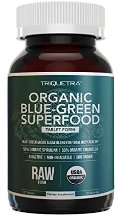 Organic Spirulina & Chlorella Tablets – 4 Organic Certifications, Raw, Non-Irradiated – 50/50 Blue Green Algae Blend – Antioxidant Content Equal to 5 Servings of Vegetables (120 Tablets)