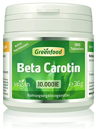Beta Carotin, hochdosiert, 10.000 iE - 180 Tabletten, vegan. Carotin Tabletten. Vorstufe von Vitamin A – für Sehkraft, Haut & natürliche Bräune - OHNE künstliche Zusätze - laborgeprüft. Von Greenfood.