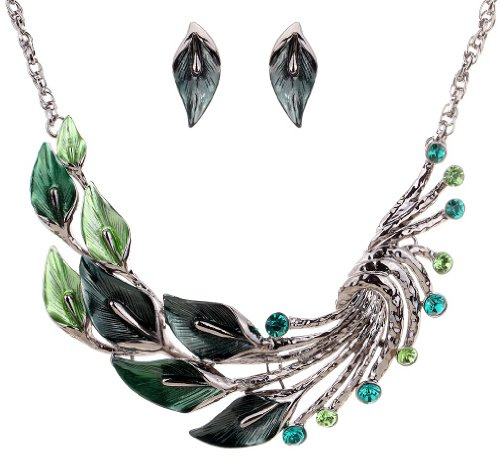 YAZILIND Ethnic Style Tibetan Silver Green Peacock Crystal Chunky Bib Earrings Necklace Jewelry Set Wedding Party