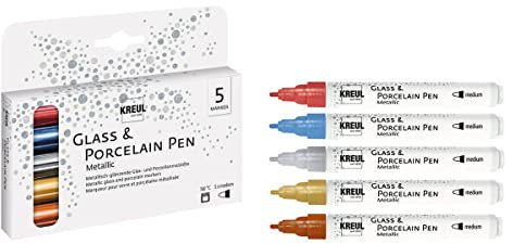 KREUL 16430 - Glass & Porcelain Pen Metallic medium, 5 Stifte in gold, silber, kupfer, blau und rot, mit formstabiler Spitze, Strichstärke ca. 2 - 4 mm, deckende Porzellanmalstifte