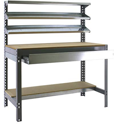 SimonRack Banco de Trabajo Taller, Capacidad Carga 600 kg, 1445x1210x610 mm, Mesa de Trabajo, 1 Cajón, Gris/Madera - BT1