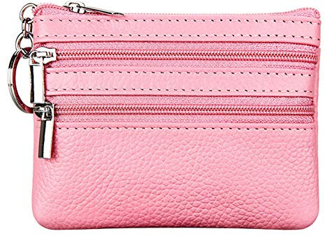 Cynure Damen Echtleder Münzbörsen Mini,Klein Geldbörse Münzegeldbörse mit Schlüsselanhänger, rosa