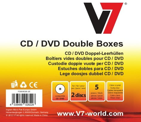 V7 Doppel CD Leerhülle Jewel Case Hülle für DVD und CD (5-er Pack) kristallklar, mit Einlegeblatt