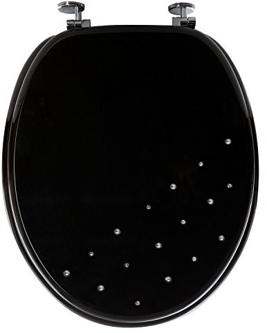 UNIVERSAL BATHROOM MODERN DIAMANTE TOILET SEAT WOODEN MDF WITH CHROME HINGES (BLACK)