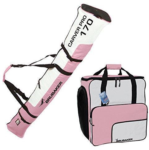 BRUBAKER Kombi Set Skisack und Skischuhtasche für 1 Paar Ski bis 170 cm + Stöcke + Schuhe + Helm Rosa Weiß