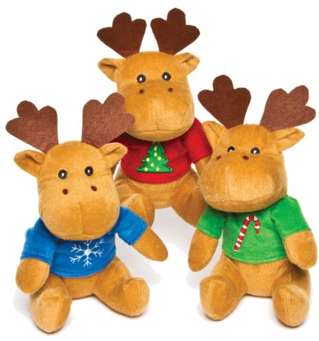 Baker Ross AF816 Reindeer Christmas Jumper Plush Pals — Novelty Toys for Kids, Perfect Party, Loot or Prize Bag Filler (Pack of 3), Assorted
