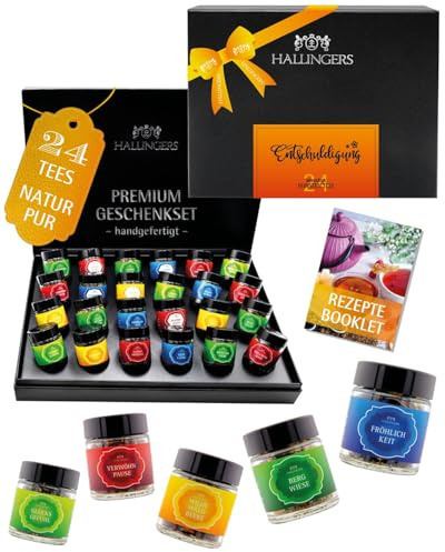 Hallingers Genuss Manufaktur Tee Geschenk-Set - 24 Sorten premium loser Tee Probierset in edler Geschenkbox mit Rezept-Booklet Entschuldigung, Geschenkidee für Frauen Männer