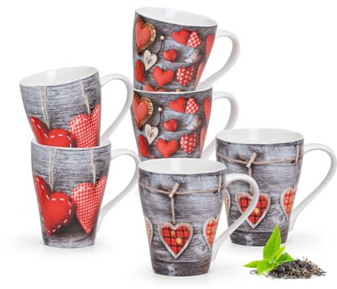 Schöne Tassen 6er Set mit Herzen in grau rot im Landhausstil - Bunte Porzellan Kaffeebecher für Cappuccino, Kaffee, Tee in 300ml - Außergewöhnliche Teetassen spülmaschinenfest und mikrowellengeeignet