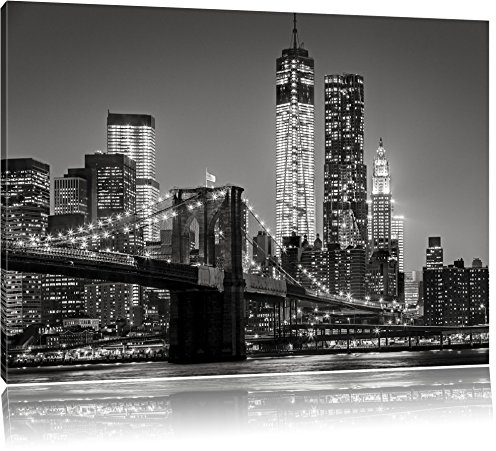 Pixxprint New York City Skyline bei Nacht, Größe: 100x70cm, Leinwandbild, fertig gespannt, Wandbild, Dekoration, Kunstdruck, kein Poster