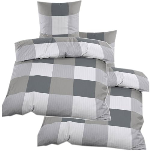 KH-Haushaltshandel 4-TLG. Seersucker Bettwäsche 2X (135x200 +80x80cm), grautöne kariert, bügelfrei, Microfaser(60373)