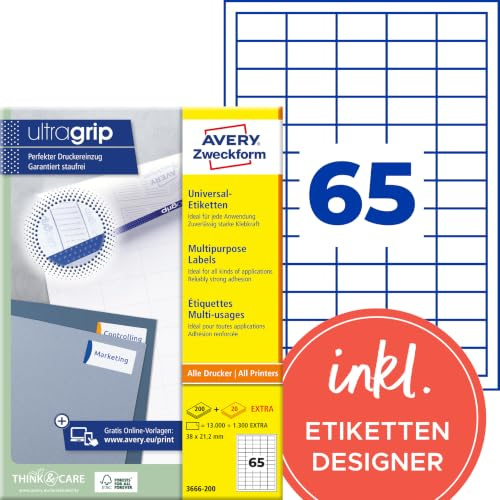 AVERY Zweckform 3666-200 Universal Etiketten (13.000 plus 1.300 Klebeetiketten extra, 38x21,2mm auf A4, Papier matt, individuell bedruckbar, selbstklebende Aufkleber mit ultragrip) 220 , weiß