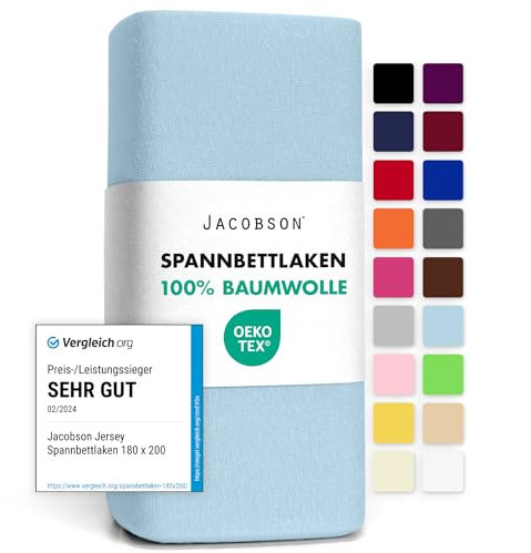 Jacobson Jersey Spannbettlaken Spannbetttuch Baumwolle Bettlaken (180x200-200x200 cm, Hellblau)