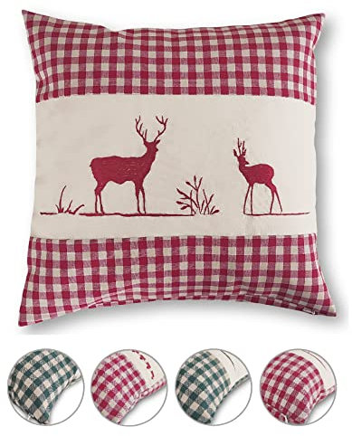 wometo Kissenhülle Zierkissen 40x40 OekoTex - Landhaus-Stil Dekokissen Sofakissen Stick Hirsch rot kariert, Karo rot Heller Hintergrund Reißverschluss